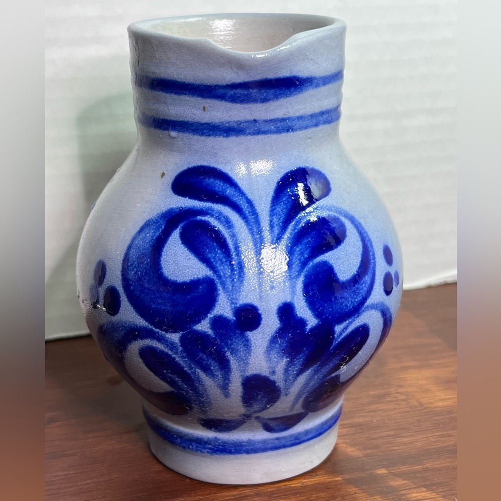 Vintage German Salt Glaze Pottery Pitcher Cobalt Blue Stoneware